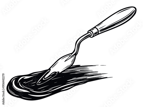 Professional artists palette knife applies a thick textured paint stroke in a dynamic monochrome engraving style, perfect for educational materials, studio decor, or creative workshop