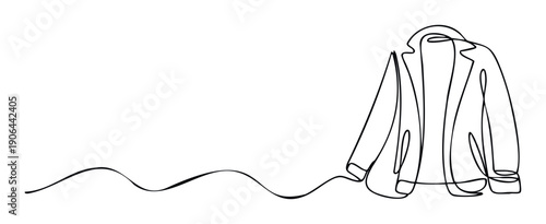 Elegant single continuous line drawing of a stylish blazer or jacket perfect for modern apparel branding, minimalist fashion blog graphics, or sophisticated clothing store display designs.