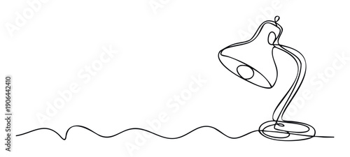 Continuous line drawing of a classic desk lamp connected by a flowing wavy line, symbolizing innovation and learning, perfect for educational materials or office related branding.