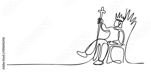A minimalist continuous line drawing depicting a powerful king sitting on his royal throne, holding a scepter, perfect for business concepts, leadership, or royal themes in print and