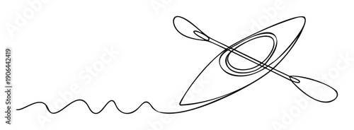 Minimalist continuous line drawing of a kayak with a paddle gracefully moving through water, perfect for outdoor adventure promotions and travel agency branding