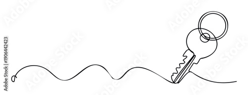 Continuous line drawing illustrating a key with a ring attached symbolizing connection and solutions, perfect for business concepts, real estate marketing, or security themes.