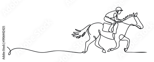 Elegant continuous line drawing of an equestrian riding a galloping horse, ideal for sports branding, equine apparel, or athletic club advertisements.