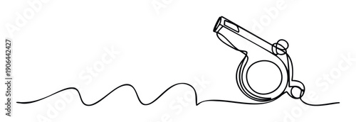 Minimalist line illustration of a whistle with a dynamic wavy line, ideal for sports branding, referee announcements, coaching advertisements, and athletic event marketing