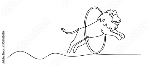 Dynamic continuous line drawing of a majestic lion performing a powerful jump through a circular hoop, ideal for branding, website graphics, or event promotion.
