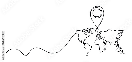Continuous line drawing of a world map featuring a prominent location pin pointer, ideal for visualizing global travel, navigation, international business, and connectivity concepts.