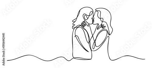 Two women in an intimate moment depicted with a minimalist continuous line drawing embracing and sharing a kiss, perfect for love and relationship themed projects.