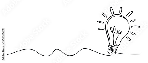 Continuous line drawing depicting a glowing light bulb emerging from a wavy line, representing fresh ideas, innovation, and creative solutions, ideal for business concepts or educational