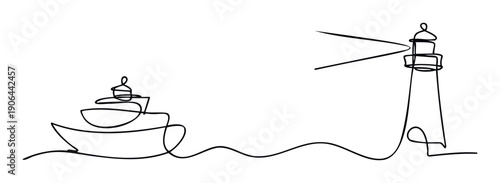 Continuous line drawing depicting a boat navigating wavy waters towards a guiding lighthouse with radiant beams, perfect for nautical themed branding or travel agency promotions.