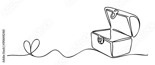 A continuous line drawing depicting a heart shape connected to an open treasure chest, symbolizing love, discovery, and valuable connections for romantic themes and abstract presentations.