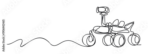 Minimalist one line drawing of a Mars rover exploring the unknown, perfect for science and technology related presentations or educational materials