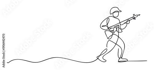 A continuous single line drawing depicts a soldier in a helmet holding a rifle with a bayonet, marching forward, ideal for military, historical, and conflictrelated media.