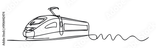 Modern highspeed train depicted in continuous single line drawing with dynamic wavy line representing motion and speed perfect for transportation and technology related media presentations