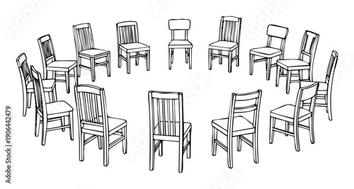 Empty wooden chairs arranged in a circle forming a group therapy session or community meeting setup perfect for concepts of unity, support, and collective discussion