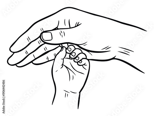 Parental bond symbolized by an adults reassuring hand holding a babys tiny grip, conveying love, care, and protection suitable for family, parenthood, or emotional support themes