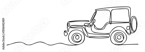Continuous line drawing of a classic offroad utility vehicle perfect for minimalist adventure themed posters, prints, and modern graphic resource projects