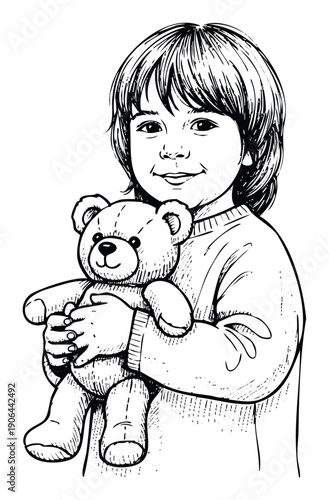 Cheerful child embracing a beloved teddy bear toy, a heartwarming black and white illustration ideal for childhood themes, educational resources, and emotional connection concepts.