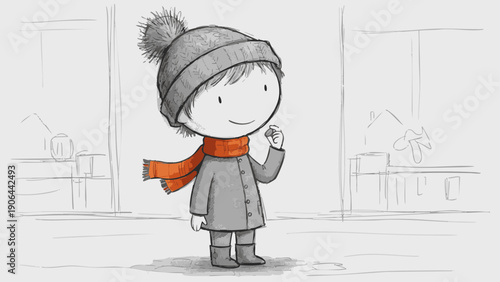 A cute cartoon child wearing winter attire in a charming illustration