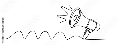 Megaphone continuous line drawing representing important announcements and public speaking for marketing campaigns, social media alerts, and news broadcasts.