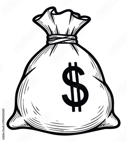 A classic hand drawn money bag with a prominent dollar symbol representing financial wealth for business success and investment themes.