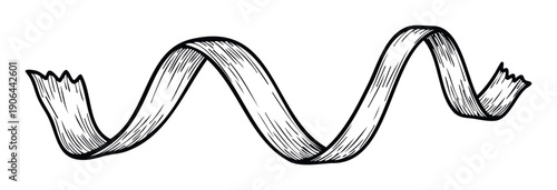 Hand drawn black and white winding ribbon with a dynamic wavy motion ideal for graphic resource textile design or decorative scroll applications.