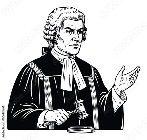 Formal court judge wearing a traditional wig and black robe, holding a gavel and raising a hand to speak, perfect for legal industry publications and educational materials.