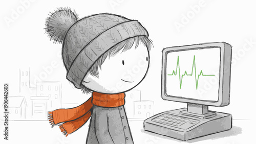A Child in Winter Garments, Looking at Heart rate Monitor