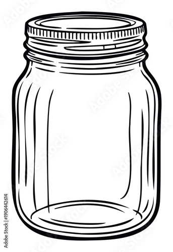 Empty glass mason jar line drawing for kitchen storage, food preservation, or do it yourself projects and recipe ingredient organization