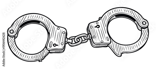 Classic black and white line drawing of metal handcuffs symbolizing law enforcement and criminal justice for legal publications security concepts or crime related presentations