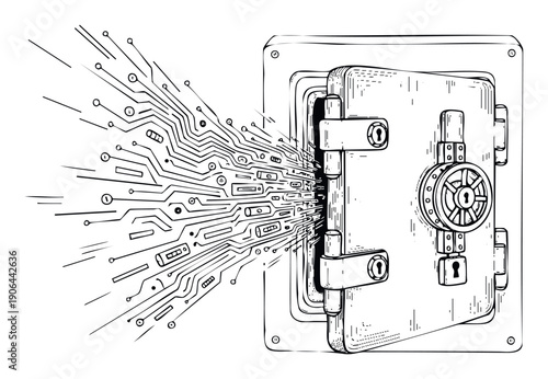 Digital data streams in and out of a strong metal safe, representing advanced cybersecurity and secure information transfer, perfect for technology and financial security presentations.
