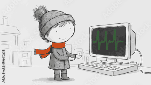A cartoon child interacting with a computer displaying a heart rate monitor