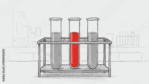 Three test tubes filled with liquid, one red and two gray, are placed in a rack inside a lab