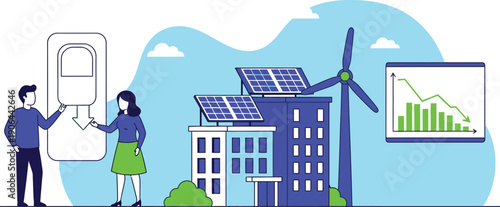 Individuals interacting with data transfer while buildings utilize solar panels and a wind turbine for energy efficiency