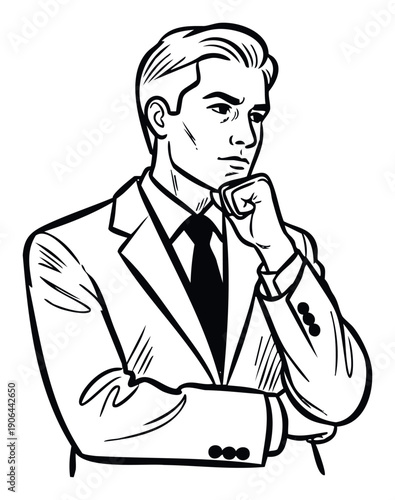 Thoughtful businessman in a suit posing with his hand on his chin, contemplating serious business decisions, suitable for corporate presentations and professional industry publications.