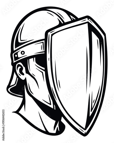 Bold graphic depiction of an ancient warrior wearing a protective helmet and holding a sturdy shield, ideal for powerful sports team logos, security service emblems, and historical