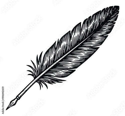 Detailed black quill pen graphic evoking a vintage aesthetic, perfect for stationery, educational materials, historical themes, and literaryinspired creative designs.