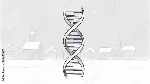 An Illustration of a DNA double helix in a snowy town setting