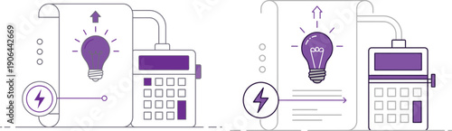 Line art illustration showing energy ideas calculated on a scroll document with a lightning bolt symbol