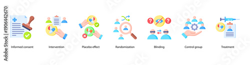 Clinical Study Methodology web banner featuring Informed Consent, Intervention, Placebo Effect, Randomization, Blinding, Control Group, and Treatment.