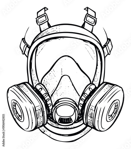 Black and white gas mask illustration with large face shield and dual filter cartridges perfect for safety, protection, and hazardous environment graphics in various media projects