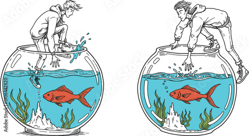 Person inside a large fishbowl looking at a swimming goldfish, illustrating an unusual situation or perspective