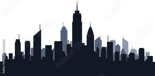 Silhouette of a bustling metropolitan city skyline with diverse buildings and tall skyscrapers vector graphic