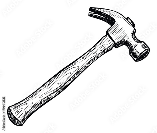 Handdrawn black and white sketch of a classic claw hammer, perfect for building and home improvement projects or handyman service advertisements