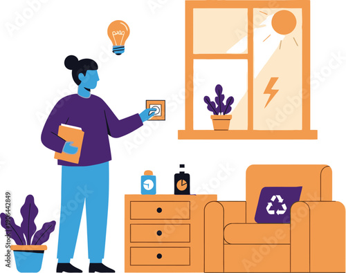 Person turning on a light switch in a room with natural light and a sustainability concept