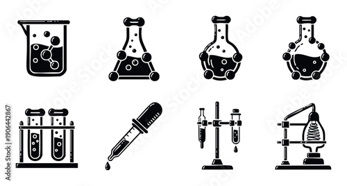 Collection of black and white chemistry laboratory icons featuring various glassware like beakers, flasks, and test tubes with molecular structures, perfect for educational materials and