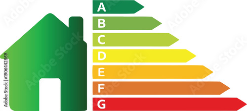 Simple house illustration paired with an energy efficiency rating system from A to G for residential buildings