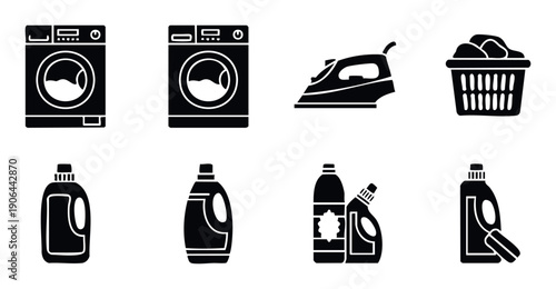Household laundry care appliance and product collection including washing machines, iron, clothes basket, and various detergent bottles suitable for domestic chore guides.