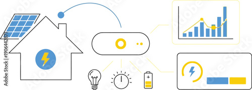 Smart home energy management system line illustration featuring solar power, battery storage, and usage data