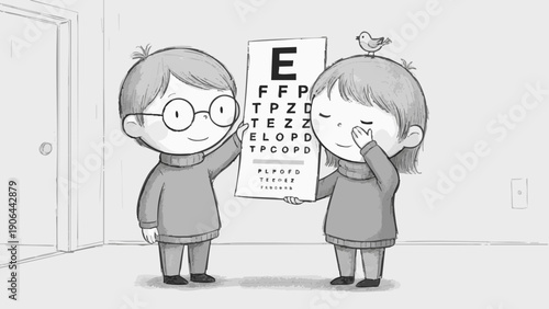 Two children in the office during an eye test. One child points to the eye chart while the other covers their eye 