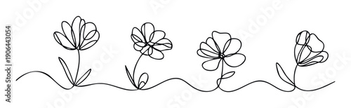 Elegant continuous line drawing of four minimalist flowers creating a serene natural aesthetic perfect for modern home decoration and contemporary graphic projects